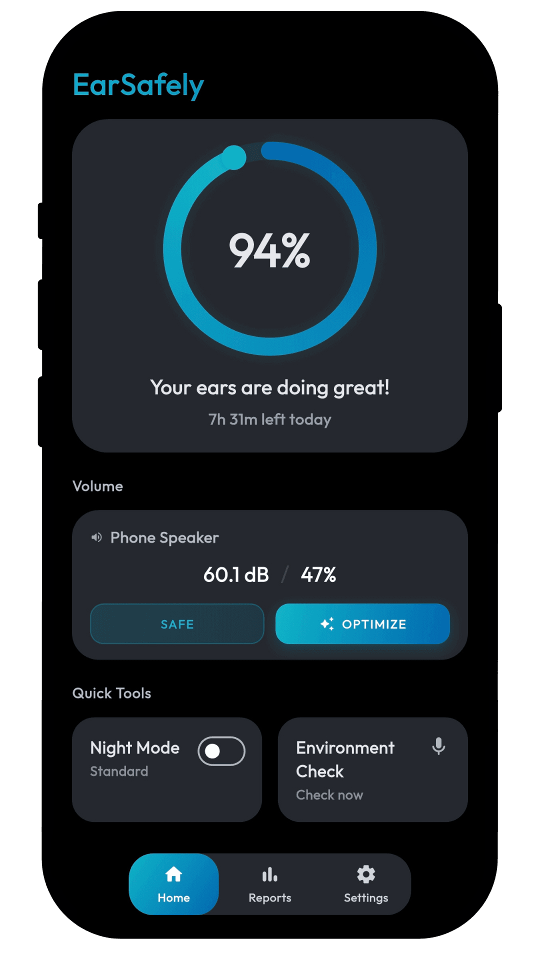 EarSafely dashboard showing the daily health ring
